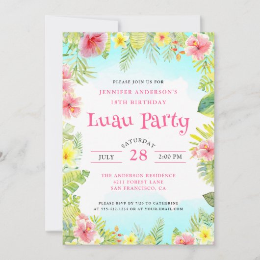 Elegant Tropical Aloha Luau Birthday Party Pink Kaart (Voorkant)