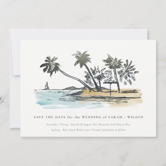 Elegant Tropical Beach Palm Tree Waterverf Save The Date (Voorkant)