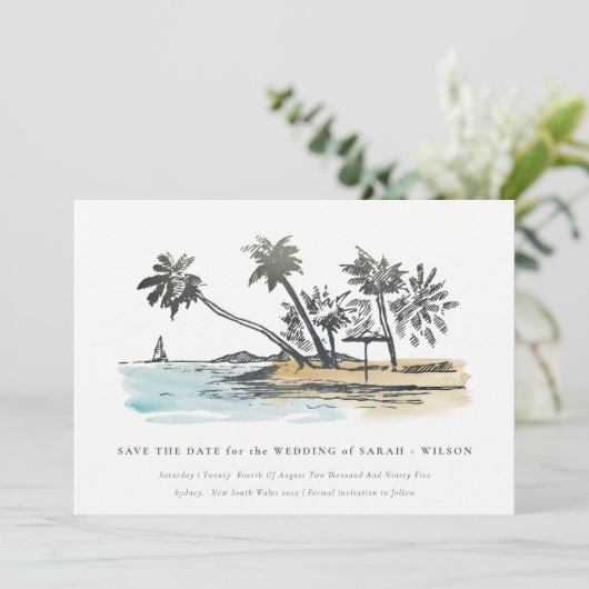 Elegant Tropical Beach Palm Tree Waterverf Save The Date (Staand voorkant)