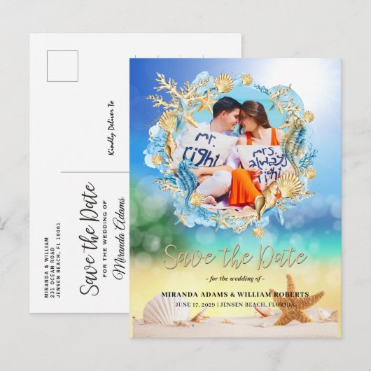 Elegant Tropical Beach Photo Wedding Aankondigingskaart (Voorkant / Achterkant)