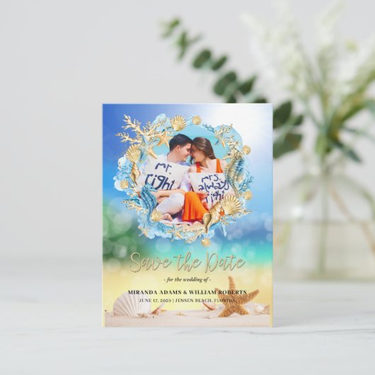 Elegant Tropical Beach Photo Wedding Aankondigingskaart (Staand voorkant)