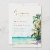 Elegant Tropical Beach Waterverf Palm Trees Foto Save The Date (Voorkant)