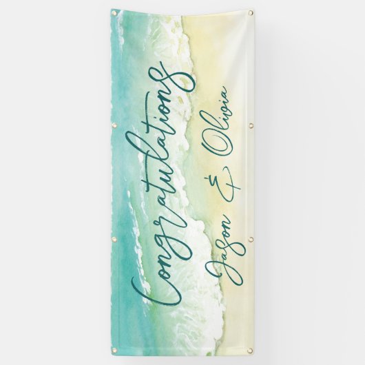 Elegant Tropical Beach Wedding Gefeliciteerd Spandoek (Verticaal)