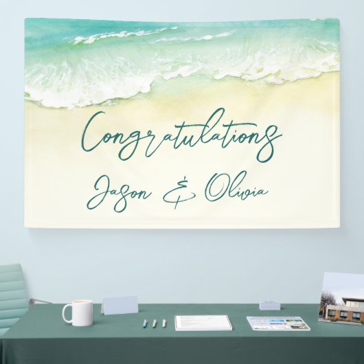 Elegant Tropical Beach Wedding Gefeliciteerd Spandoek (Beurs)