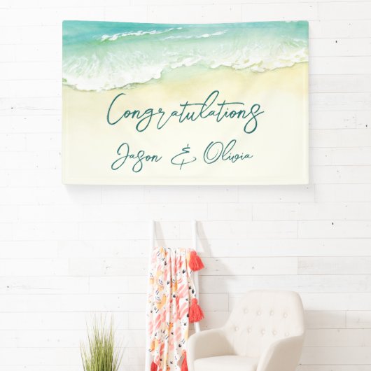 Elegant Tropical Beach Wedding Gefeliciteerd Spandoek (Insitu)