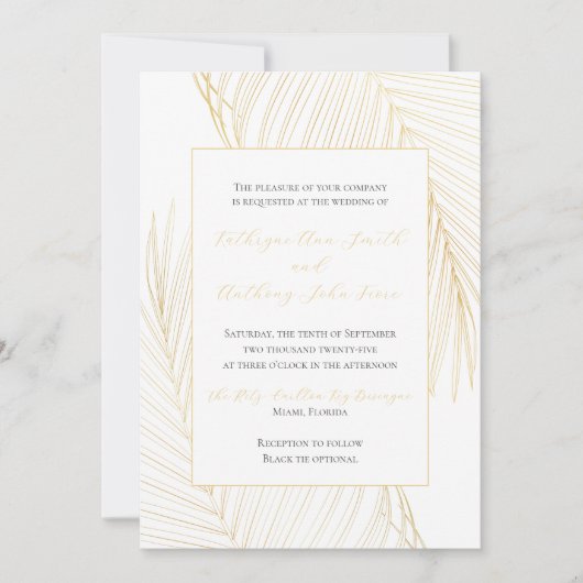Elegant Tropical Beach Wedding Gold Uitnodiging (Voorkant)