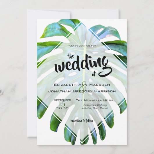 Elegant Tropical Beach Wedding Monstera Leaf Kaart (Voorkant)