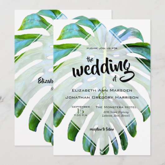 Elegant Tropical Beach Wedding Monstera Leaf Kaart (Voorkant / Achterkant)