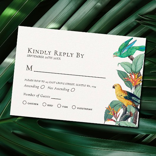 Elegant Tropical Bird Wedding RSVP Enclosure Kaart