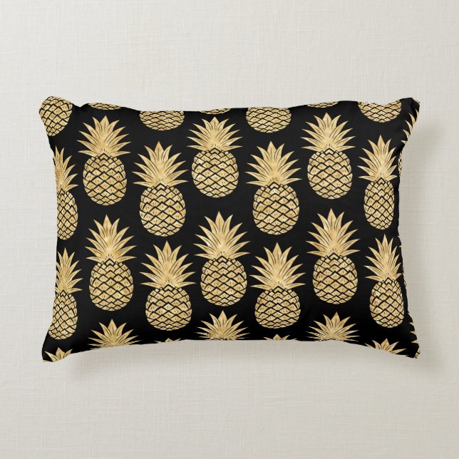 Elegant Tropical Black en Gold Pineapple Pattern Accent Kussen (Voorkant)