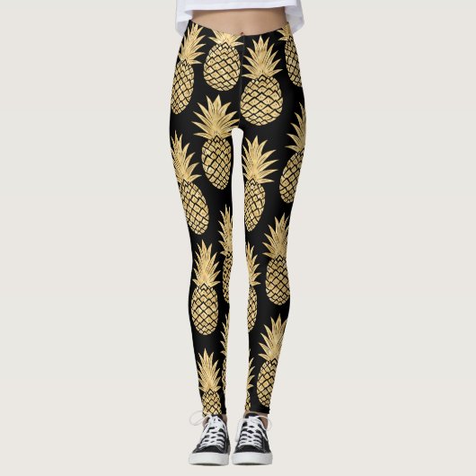 Elegant Tropical Black en Gold Pineapple Pattern Leggings (Voorkant)