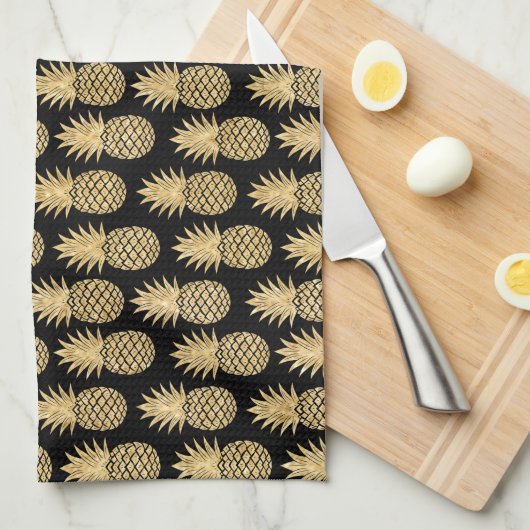 Elegant Tropical Black en Gold Pineapple Pattern Theedoek (Quarter Fold)