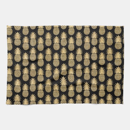 Elegant Tropical Black en Gold Pineapple Pattern Theedoek (Horizontaal)