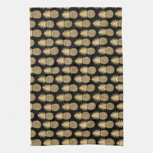 Elegant Tropical Black en Gold Pineapple Pattern Theedoek (Verticaal)