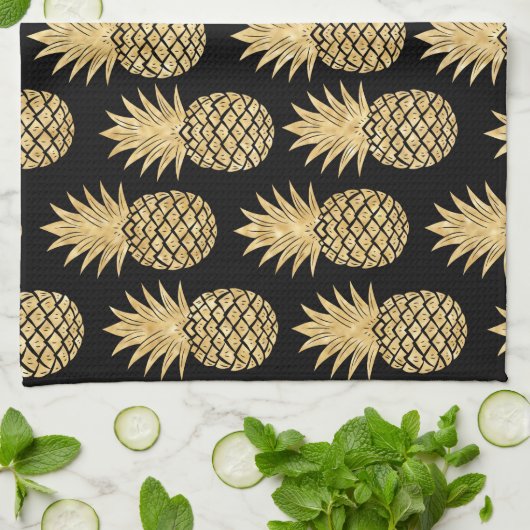 Elegant Tropical Black en Gold Pineapple Pattern Theedoek (Gevouwen)
