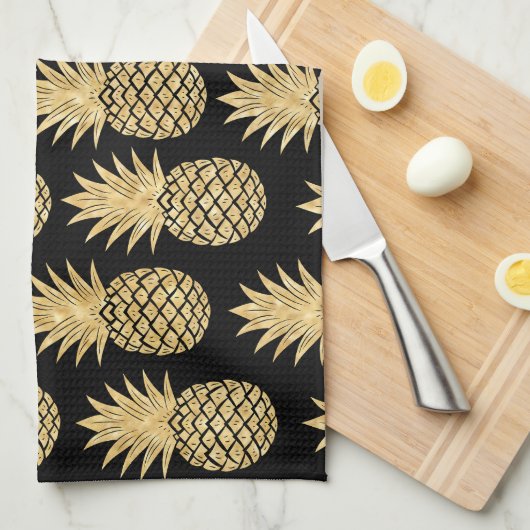 Elegant Tropical Black en Gold Pineapple Pattern Theedoek (Quarter Fold)