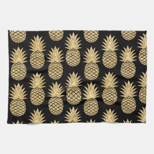 Elegant Tropical Black en Gold Pineapple Pattern Theedoek