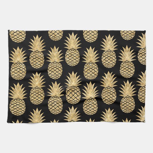 Elegant Tropical Black en Gold Pineapple Pattern Theedoek (Horizontaal)