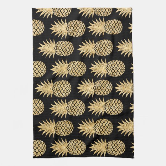 Elegant Tropical Black en Gold Pineapple Pattern Theedoek (Verticaal)