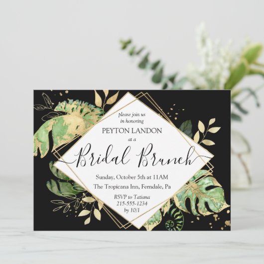 Elegant Tropical Black & Gold Bridal Brunch Shower Kaart (Staand voorkant)