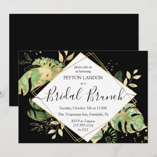 Elegant Tropical Black & Gold Bridal Brunch Shower Kaart (Voorkant / Achterkant)