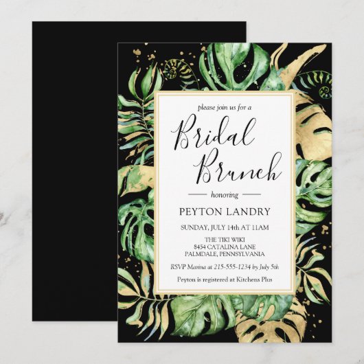 Elegant Tropical Black & Gold Bridal Brunch Shower Kaart (Voorkant / Achterkant)