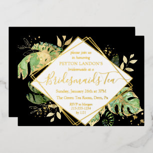 Elegant Tropical Black & Gold Bridesmaid Tea Party Folie Uitnodiging