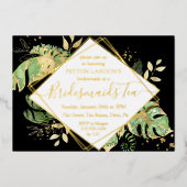 Elegant Tropical Black & Gold Bridesmaid Tea Party Folie Uitnodiging (Voorkant)