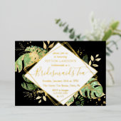 Elegant Tropical Black & Gold Bridesmaid Tea Party Folie Uitnodiging (Staand Voorkant)
