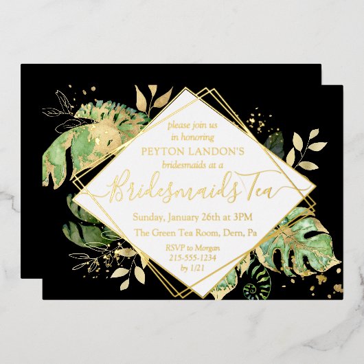 Elegant Tropical Black & Gold Bridesmaid Tea Party Folie Uitnodiging (Voorkant / Achterkant)