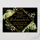 Elegant Tropical Black & Gold Bridesmaid Tea Party Folie Uitnodiging (Voorkant)