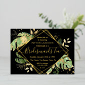 Elegant Tropical Black & Gold Bridesmaid Tea Party Folie Uitnodiging (Staand Voorkant)