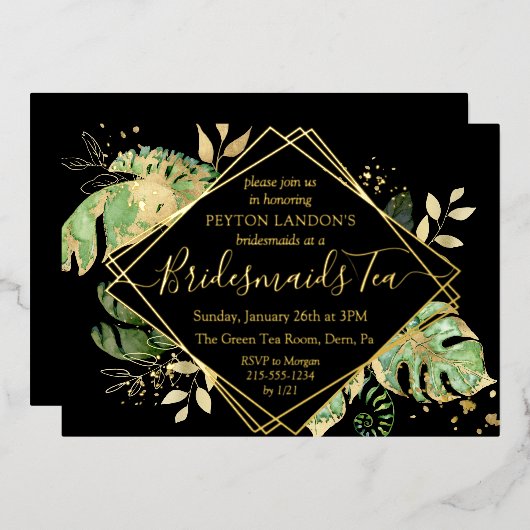 Elegant Tropical Black & Gold Bridesmaid Tea Party Folie Uitnodiging (Voorkant / Achterkant)