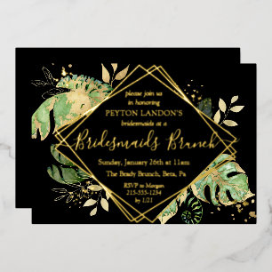 Elegant Tropical Black & Gold Bridesmaids Brunch Folie Uitnodiging