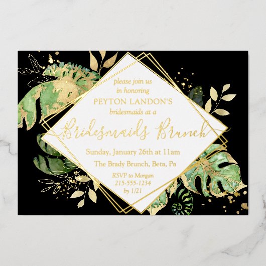Elegant Tropical Black & Gold Bridesmaids Brunch Folie Uitnodiging (Voorkant)