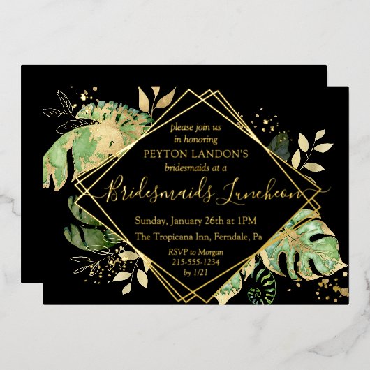 Elegant Tropical Black & Gold Bridesmaids Luncheon Folie Uitnodiging (Voorkant / Achterkant)