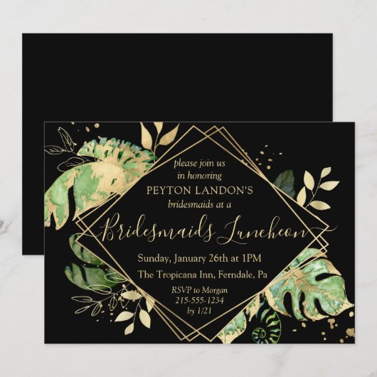Elegant Tropical Black & Gold Bridesmaids Luncheon Kaart (Voorkant / Achterkant)