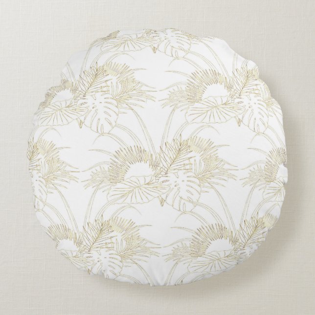 Elegant tropical bladeren golden strokes design rond kussen (Voorkant)