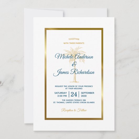 Elegant Tropical Blue Gold Palm Tree Beach Weddens Kaart (Voorkant)