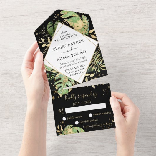Elegant Tropical Botanical Black & Gold Weddenscha All In One Uitnodiging (Afscheurbaar)