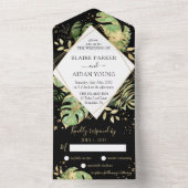 Elegant Tropical Botanical Black & Gold Weddenscha All In One Uitnodiging (Binnen)