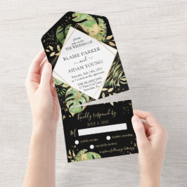 Elegant Tropical Botanical Black & Gold Weddenscha All In One Uitnodiging