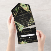 Elegant Tropical Botanical Black & Gold Weddenscha All In One Uitnodiging (Afscheurbaar)