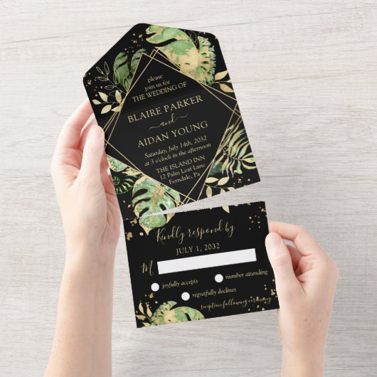 Elegant Tropical Botanical Black & Gold Weddenscha All In One Uitnodiging (Afscheurbaar)
