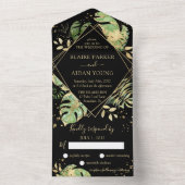 Elegant Tropical Botanical Black & Gold Weddenscha All In One Uitnodiging (Binnen)