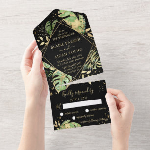 Elegant Tropical Botanical Black & Gold Weddenscha All In One Uitnodiging