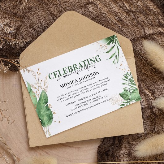 Elegant Tropical Botanical Greenery & Gold Funeral Kaart