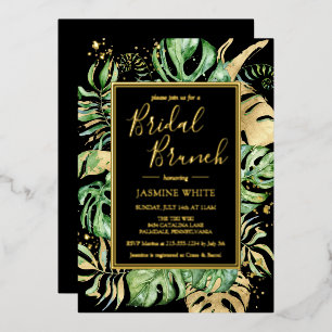 Elegant Tropical Bridal Brunch Shower Black & Gold Folie Uitnodiging