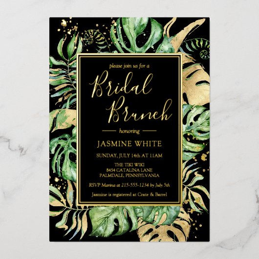 Elegant Tropical Bridal Brunch Shower Black & Gold Folie Uitnodiging (Voorkant)