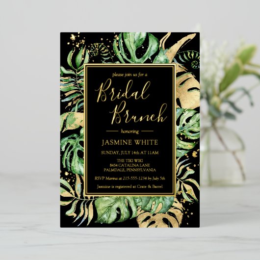 Elegant Tropical Bridal Brunch Shower Black & Gold Folie Uitnodiging (Staand Voorkant)